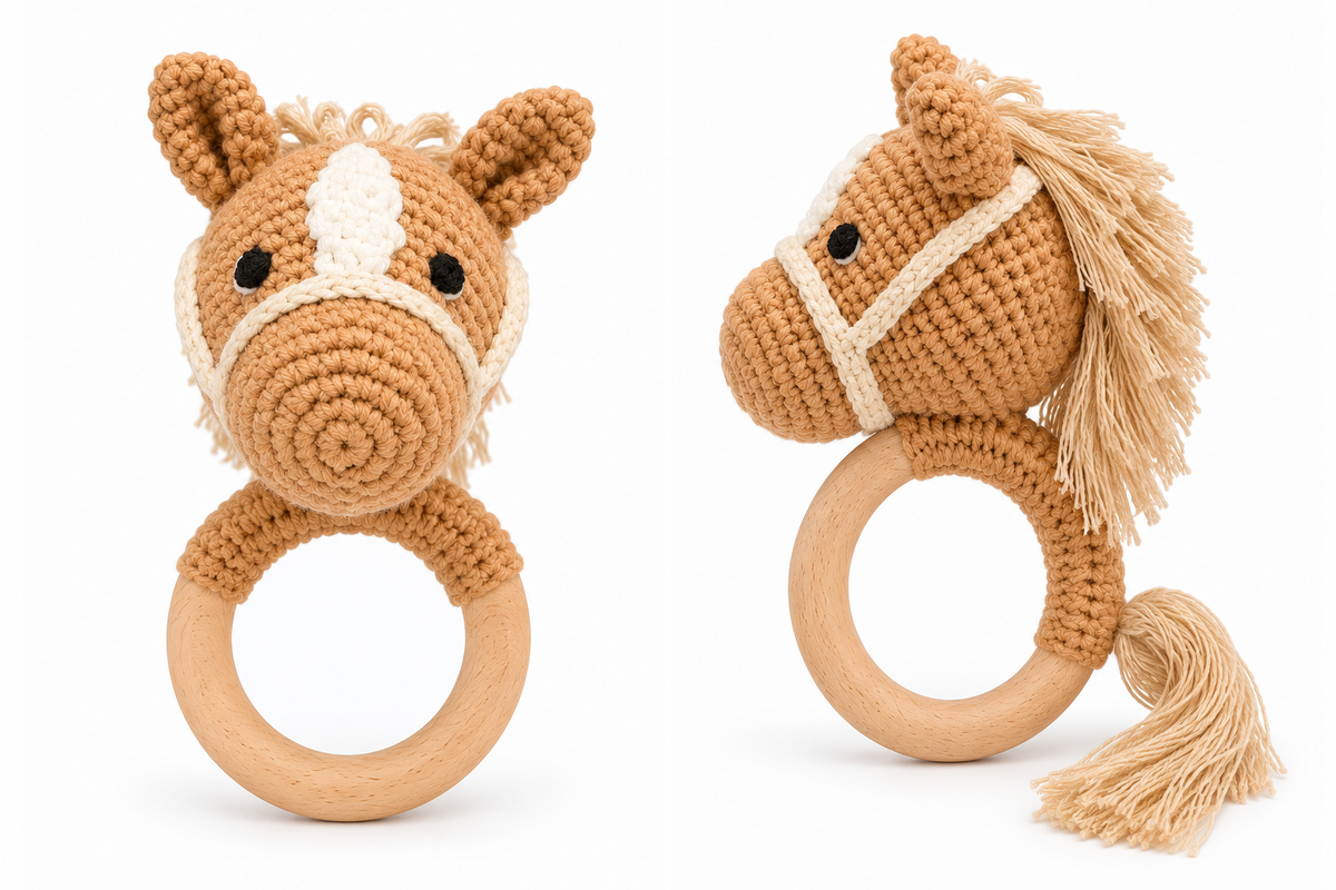 Handmade crochet horse baby rattle with wooden ring, front and side views, by Fernando & James