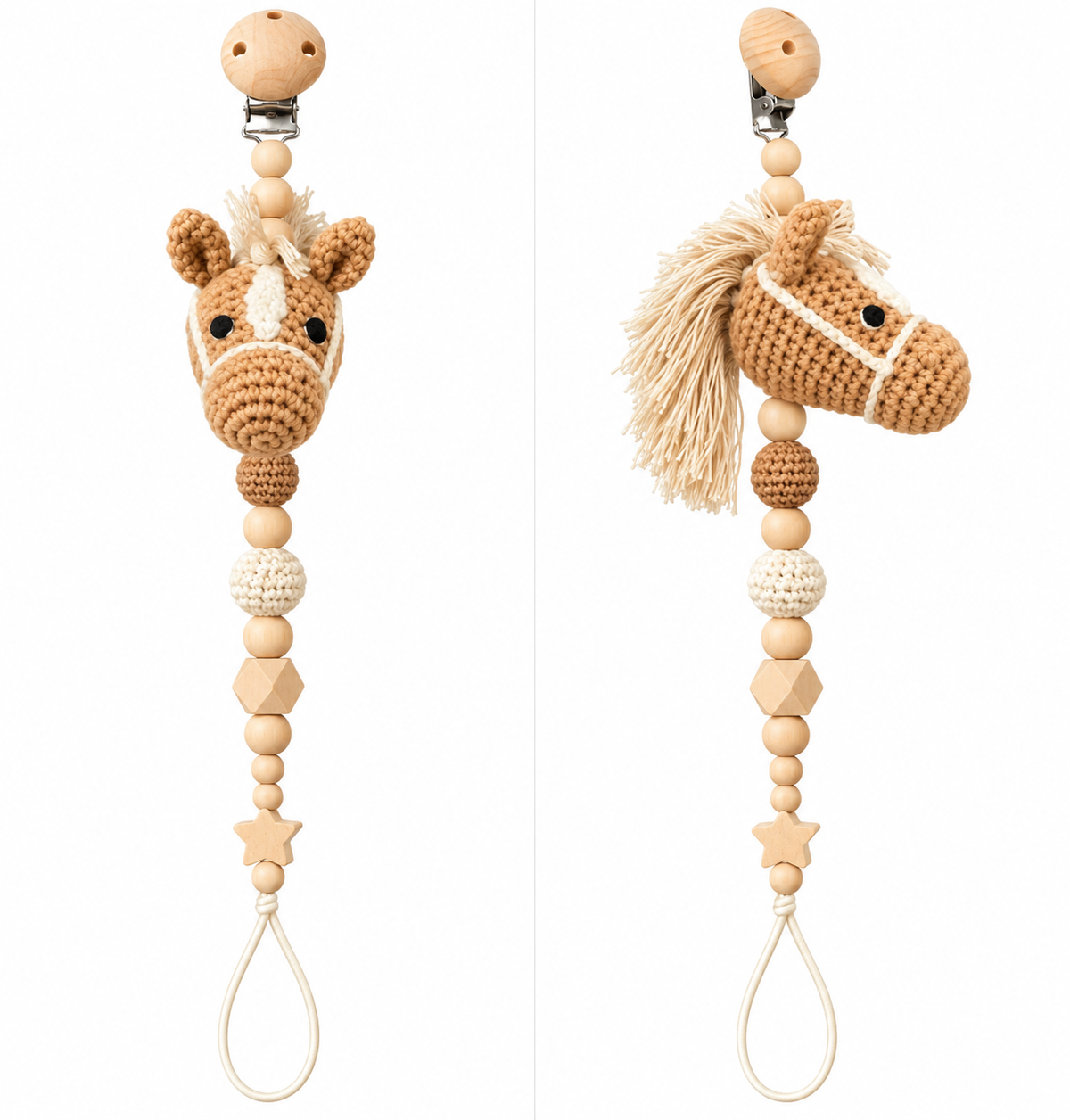 Fernando & James Horse Pacifier Holder with crochet horse and natural wood beads