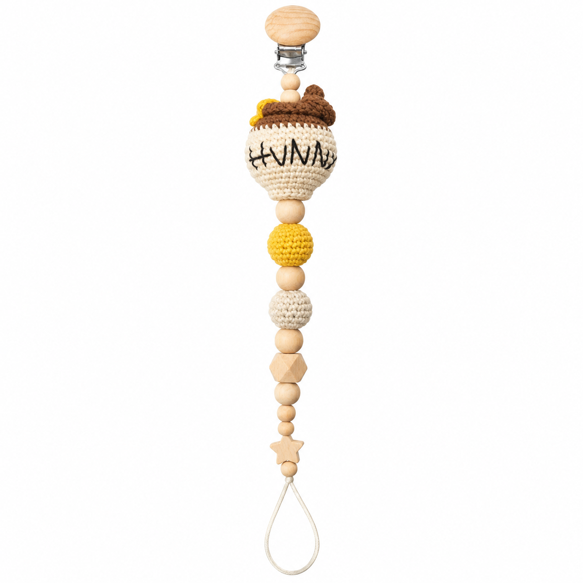 Fernando & James Hunny Pacifier Holder with crochet honey pot and natural wood beads