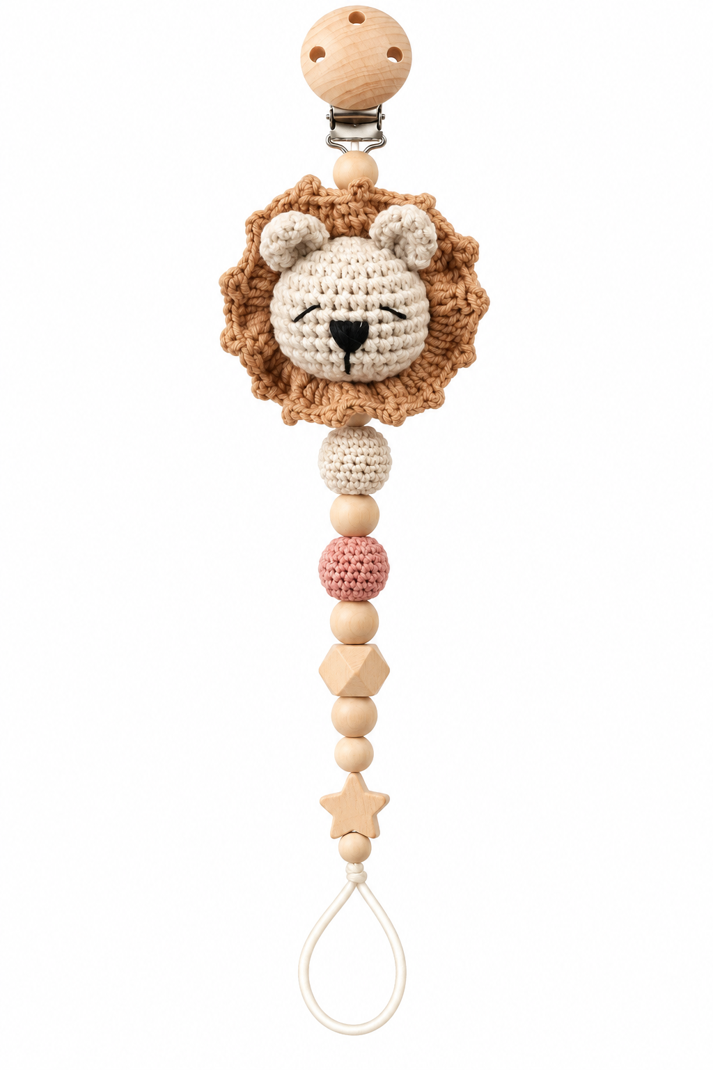 Fernando & James Lion Pacifier Holder with crochet lion and natural wood beads