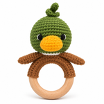 Handmade crochet mallard duck baby rattle with wooden ring by Fernando & James