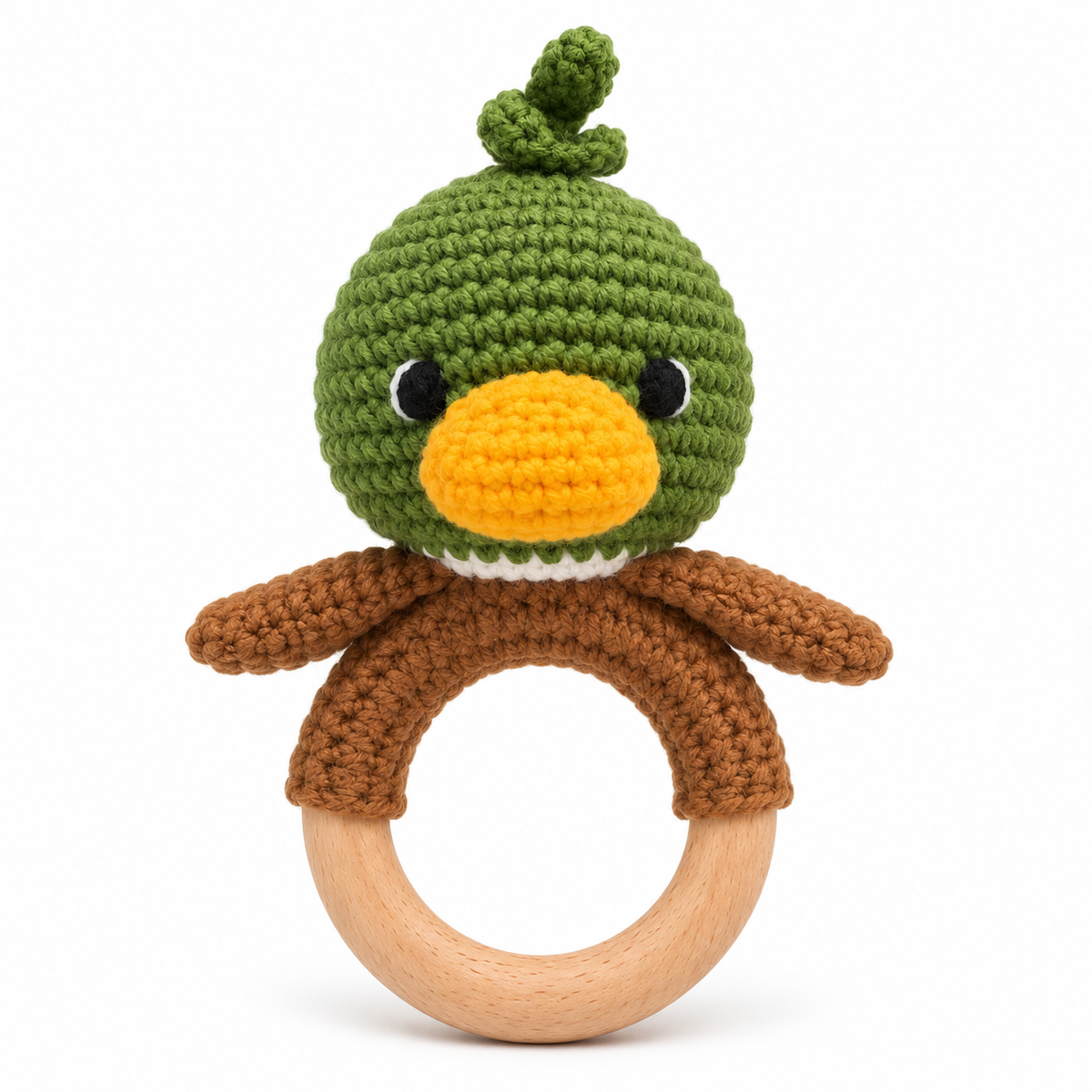 Handmade crochet mallard duck baby rattle with wooden ring by Fernando & James