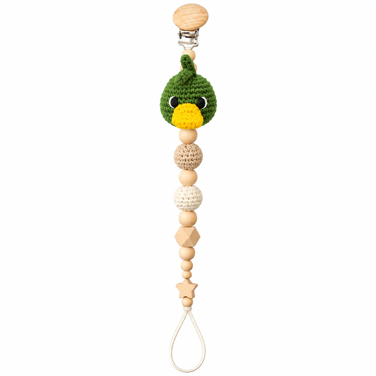 Fernando & James Mallard Pacifier Holder with green crochet duck and natural wood beads