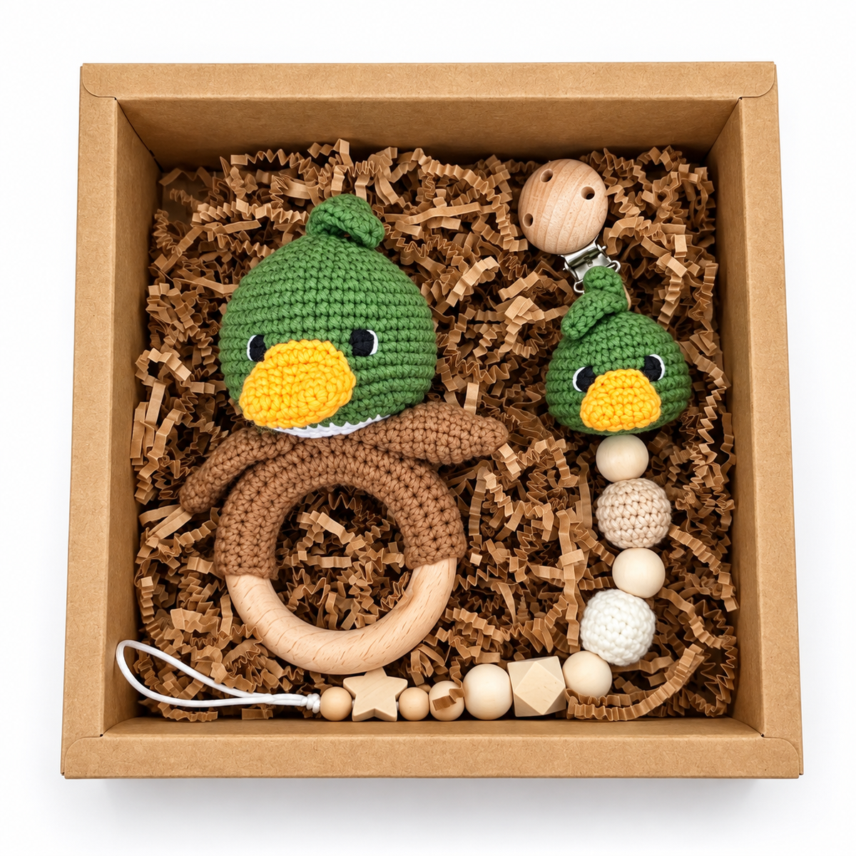 Mallard crochet baby rattle and matching pacifier holder gift set in kraft gift box