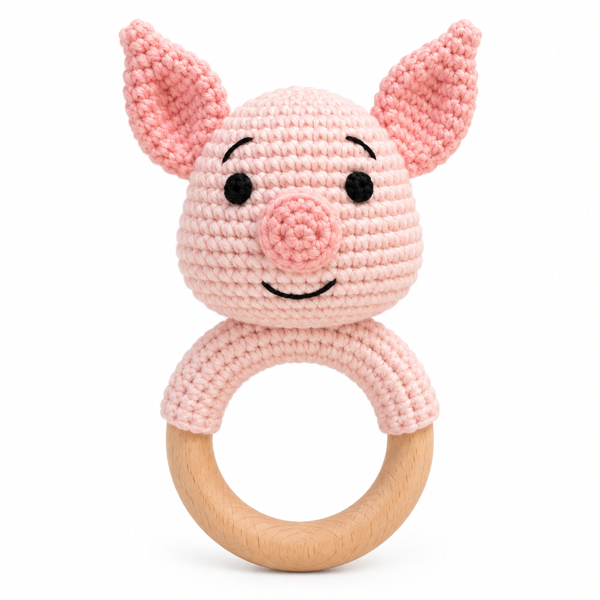 Handmade crochet pig baby rattle with wooden ring by Fernando & James