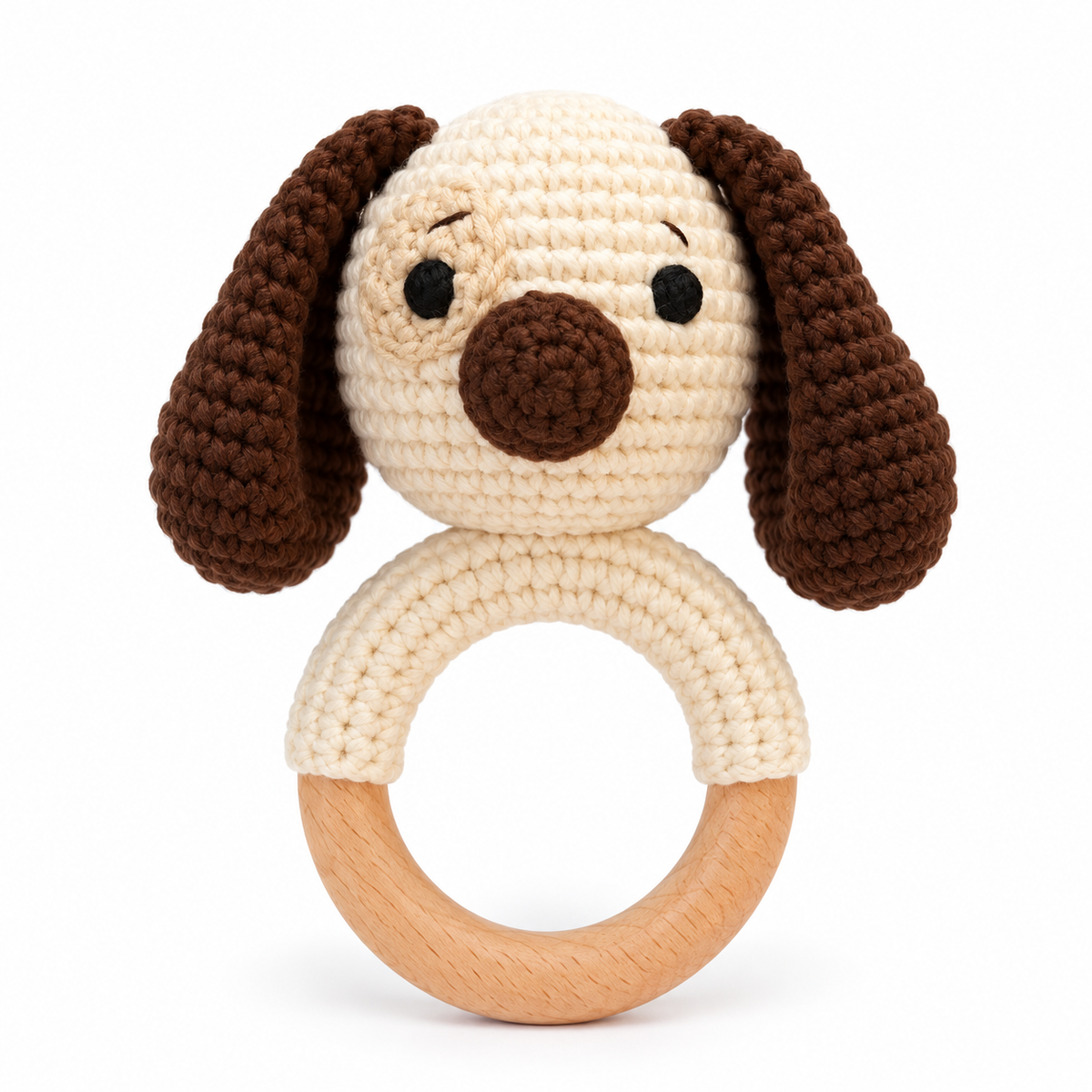 Handmade crochet puppy baby rattle with wooden ring by Fernando & James
