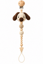 Fernando & James Puppy Pacifier Holder with cream crochet puppy, brown ears, and natural wood beads