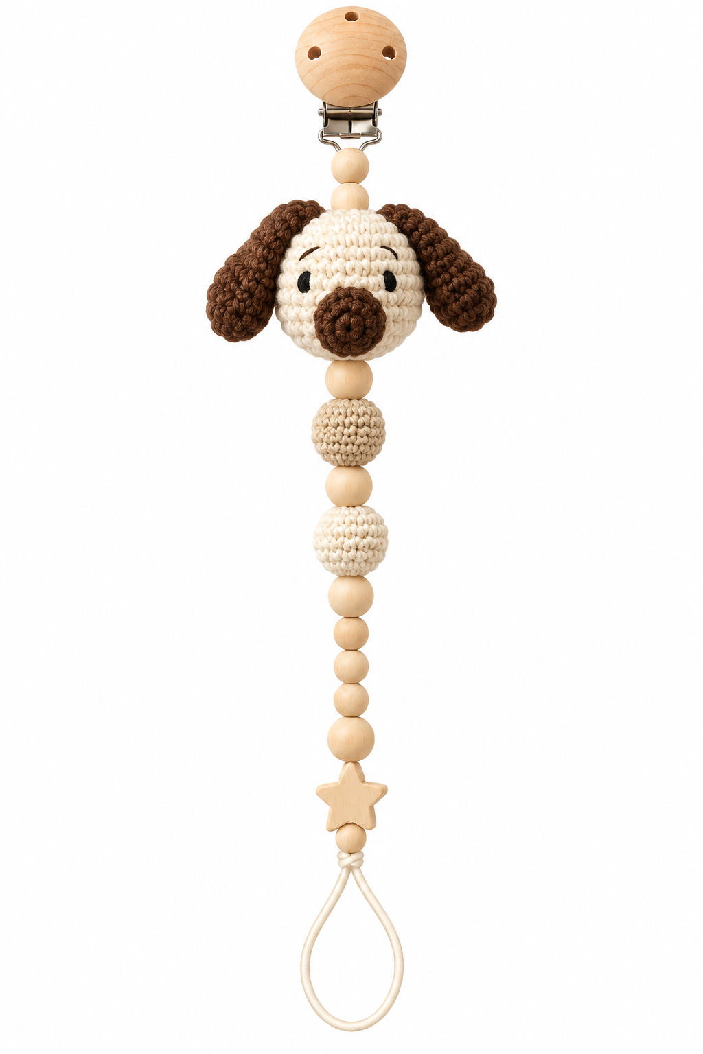 Fernando & James Puppy Pacifier Holder with cream crochet puppy, brown ears, and natural wood beads