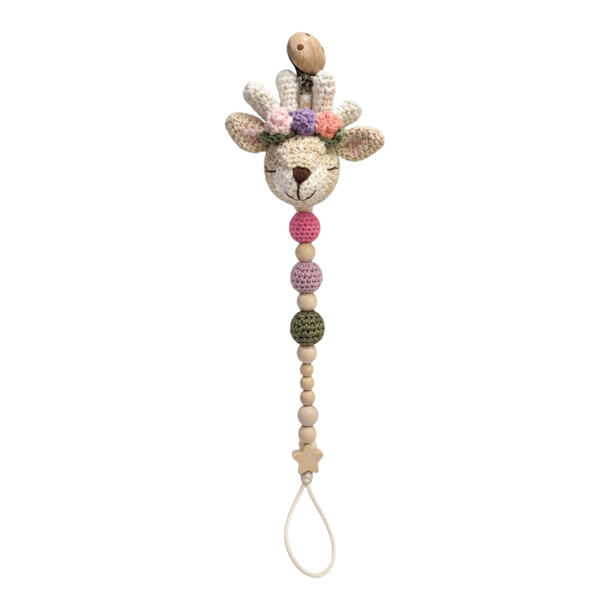 Fernando & James Reindeer with Flowers Pacifier Holder with pastel crochet flowers and natural wood beads