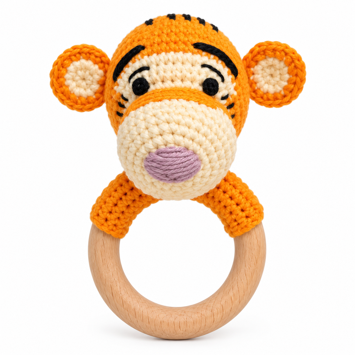 Handmade crochet tiger baby rattle with wooden ring by Fernando & James