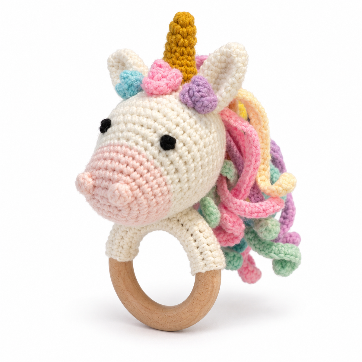 Handmade crochet unicorn baby rattle with rainbow mane and wooden ring by Fernando & James